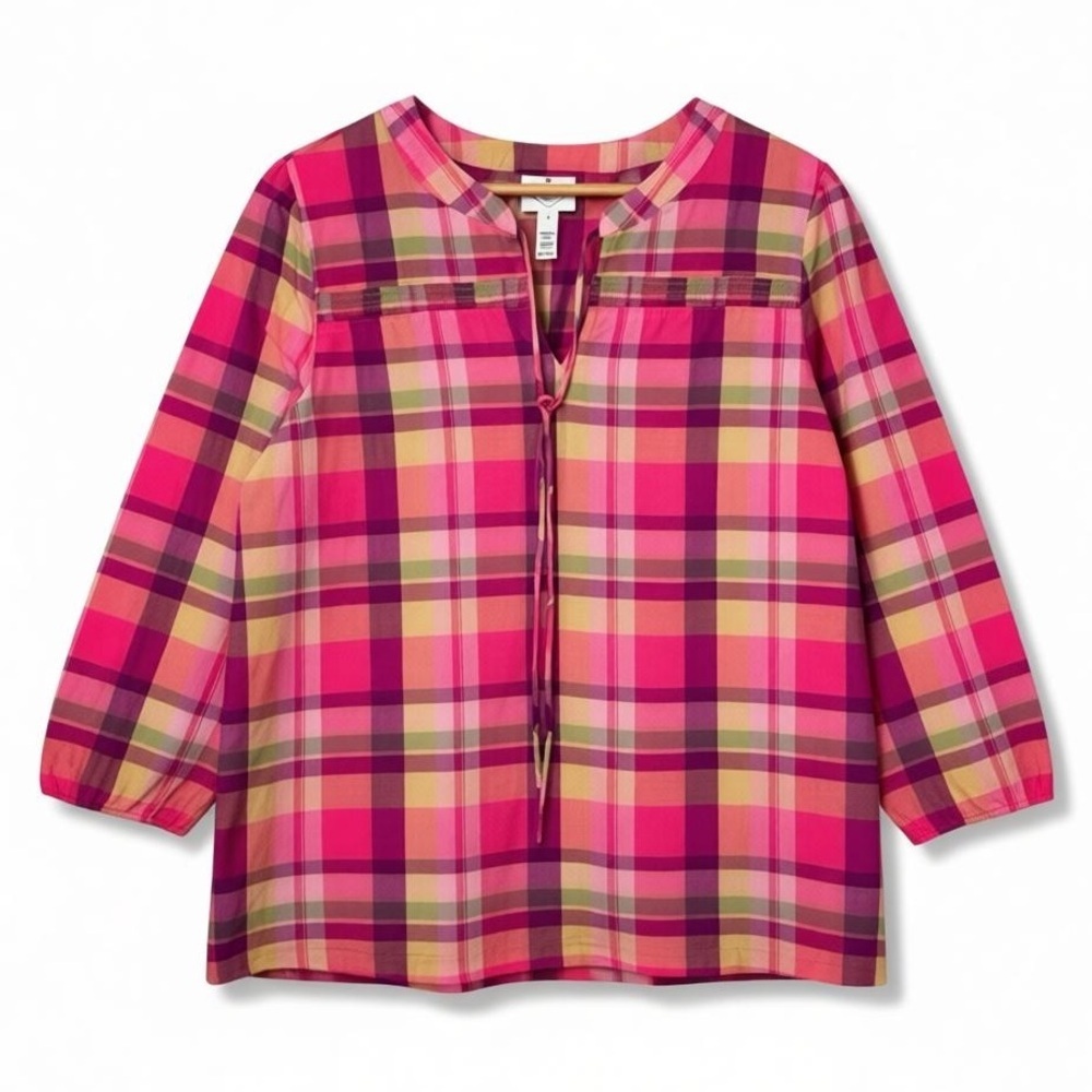 4/$20 St John's Bay Pink Plaid Split Tie Neck 3/4 Sleeve Blouse Size M NWT - Picture 2 of 5